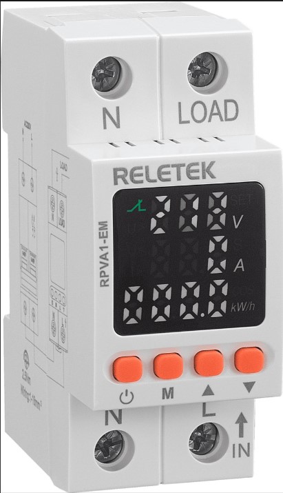 Реле контроля напряжения и тока RPVA1-EM, 1NO+N, 63A, 220VAC, Umin(120_210V)/Umax(220_300V), Imin/Imax(1_63A), 0_5s/0_600s, счетчик энергии, 2М