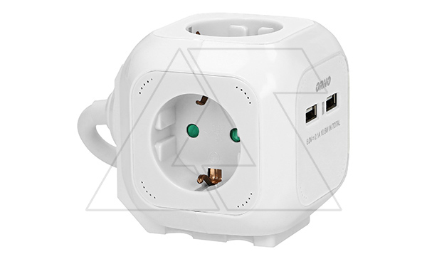 Удлинитель куб, 2хUSB 5V 2,1A + 4x2P+E, со шторками, нем. стандарт, с возможностью накладного монтажа, кабель 1,4м, белый (стикерованный)