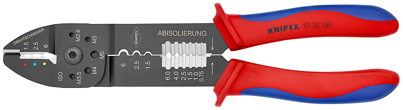 Пресс-клещи для резки и зачистки кабеля, 3 гнезда для обжима, L-240 мм, чёрные, 2-комп. рукоятки (KNIPEX)