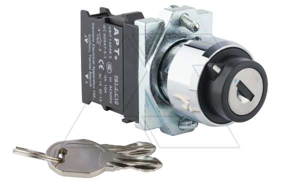 Переключатель PB1S, с ключом, 0<-I, возврат, ключ выним. в 0, 1NO, 6A 230VAC/24VDC, 22mm, IP65