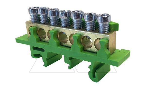 Клеммник Morek для заземления PE7  7x1,5_16mm² Cu, 63A, 690V, зеленый, на DIN-рейку (стикерованный)