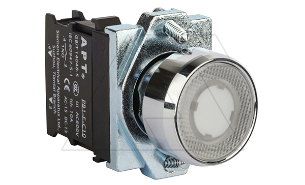 Кнопка плоская PB1S, белая, с фиксацией, с подсветкой без LED, 1NO, 6A 230VAC/24VDC, 22mm, IP65