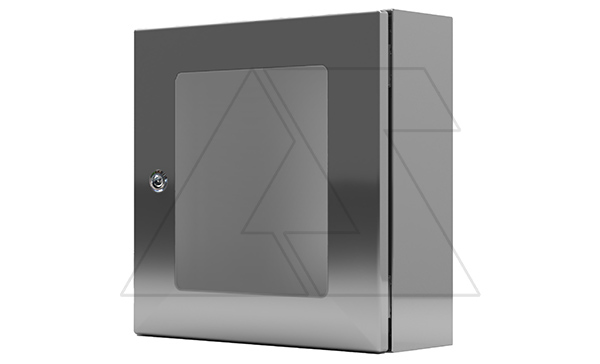 Щит ECOR моноблочный 400x300x200мм (ВxШxГ) из нерж. стали навесной с монт. панелью  со стеклянной дверью, 1 язычковый замок,  дно глухое, IP66