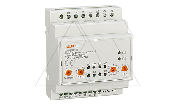 Реле автоматического переключения фаз RM-PC1K, 2x 3P+N, 2NO, 8A(250VAC), L-N 230VAC, Umin+Umax, Ton/off 5_600s/0.3_15s, 3M Реле автоматического переключения фаз RM-PC1K, 2x 3P+N, 2NO, 8A(250VAC), L-N 230VAC, Umin+Umax, Ton/off 5_600s/0.3_15s, 3M