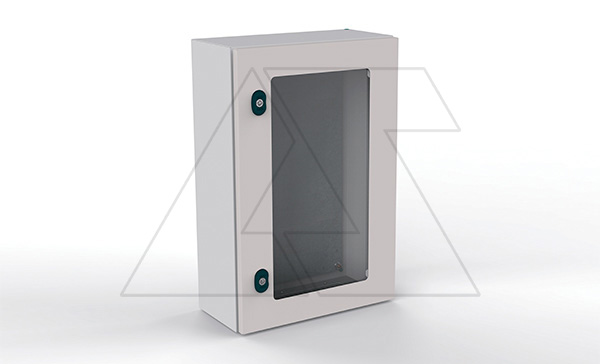 Щит ECOR моноблочный 800x600x300мм (ВхШхГ) навесной с монтажной панелью, 1 прозрачная дверь, 2 замка, 1 пластина кабельного ввода, RAL7035, IP66