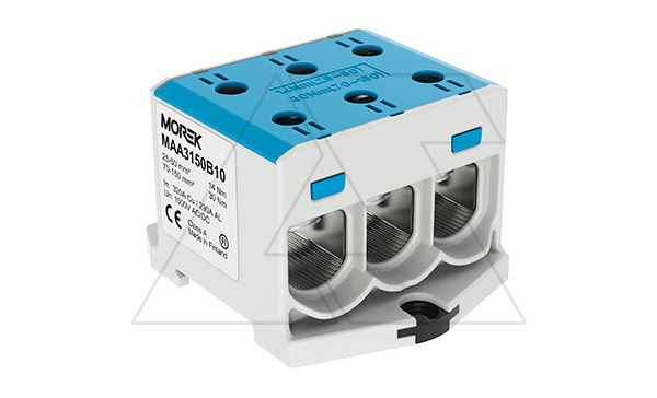 Клемма Morek OTL150-3 синяя, 3xAl/Cu 25_150mm², 320(CU)/290(AL)A на клемму, 1000V, винтовые зажимы Клемма Morek OTL150-3 синяя, 3xAl/Cu 25_150mm², 320(CU)/290(AL)A на клемму, 1000V, винтовые зажимы