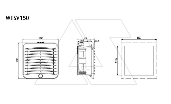 Вентилятор с фильтром 22Вт, 50(67)м3/час, 230VAC, габариты 152x152x75мм, вырез 125x125мм, выбор направления потока, клеммная колодка, IP54, RAL7035