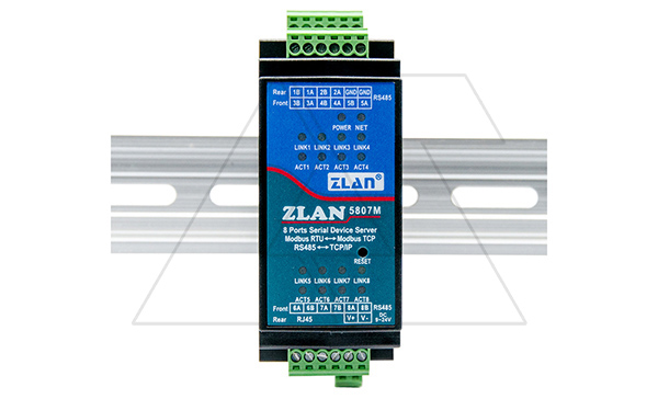 Преобразователь интерфейсов ZLAN5807M, RS-485 в Ethernet, 8xRS-485, Modbus Gateway, MQTT Gateway, 24VDC, DIN35