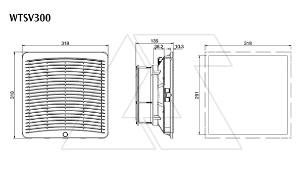 Вентилятор с фильтром 50Вт, 380(500)м3/час, 230VAC, габариты 318x318x139мм, вырез 291x291мм, выбор направления потока, клеммная колодка, IP54, RAL7035