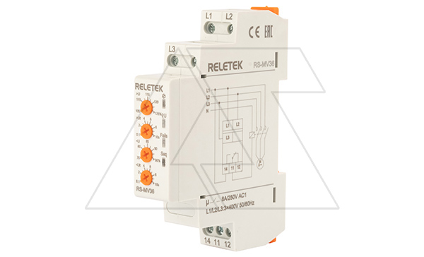 Реле контроля напряжения RS-MV36/400, 3P L-L 400V, 1CO, 8A(250VAC), обрыв, чередование, Umin+Umax, 0.1_10s, 1M Реле контроля напряжения RS-MV36/400, 3P L-L 400V, 1CO, 8A(250VAC), обрыв, чередование, Umin+Umax, 0.1_10s, 1M