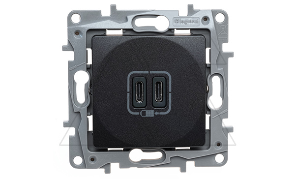 Etika - Зарядное устройство с двумя USB-разъемами Type C, 3000mA (антрацит)