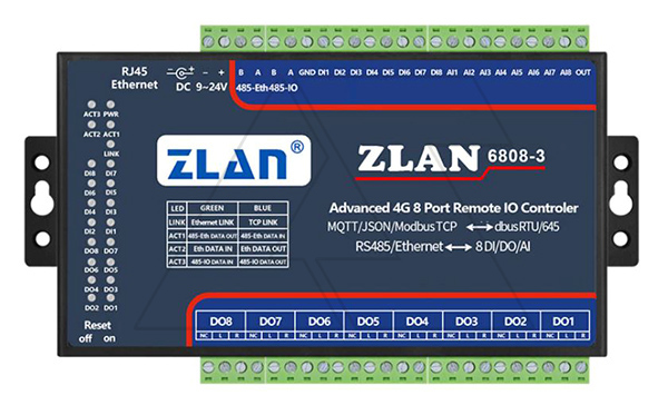 Станция удаленного ввода/вывода ZLAN6808-3-EU, 8DI, 8RO, 8AI (4..20MA), RS-485 (Modbus RTU), Ethernet (Modbus TCP), 24VDC, EU, DIN35