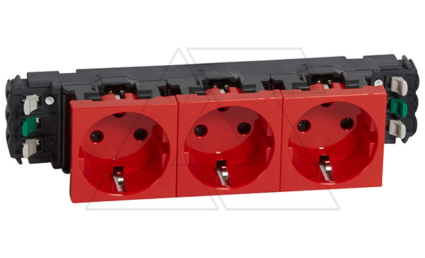 Mosaic - Розетка с механ. блокировкой тройная, 3х2P+E, 6M,  для DLP, защ. шторки, пруж. зажимы, красный