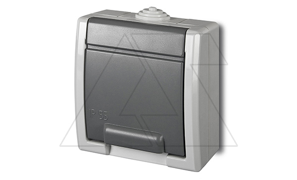 AQUANT - Розетка 2P+E, 16A/250V, с крышкой, ABS ,UV, IP55, корпус RAL7035/крышка RAL7043