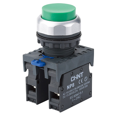 Кнопка упр. выступ., NP8-02GND/3 подсвет., самовозв., зелен., AC/DC 24В(LED), 2НЗ, IP65 (R)