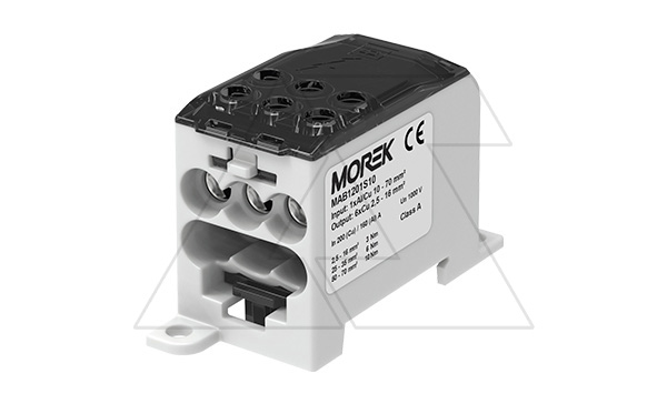 Блок распред. Morek OJL200A черно-серый, 1P, вх. 1x10_70mm² Al/Cu, вых. 6x2,2_16mm² Cu, 200(CU)/160(AL), 1000V, винтовые зажимы (стикерованный) Блок распред. Morek OJL200A черно-серый, 1P, вх. 1x10_70mm² Al/Cu, вых. 6x2,2_16mm² Cu, 200(CU)/160(AL), 1000V, винтовые зажимы (стикерованный)