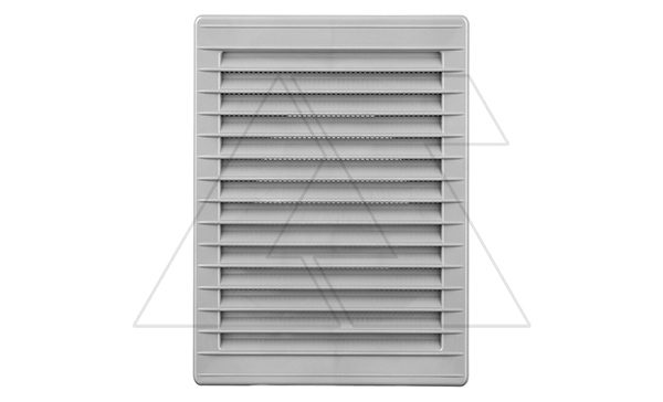 Решетка вентиляционная с косыми ламелями, с сеткой, прямоугольная, 230х172мм, с выводом 210x140мм, пластик, серый