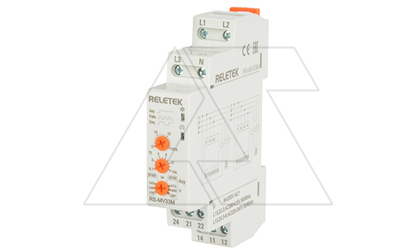 Реле контроля фаз RS-MV33M, 3P/3P+N, 2CO, 266_540VAC(L-L)/ 154_312VAC(L-N), 0,1-10s, обрыв, чередование, асимметрия (5_20%) , 1M Реле контроля фаз RS-MV33M, 3P/3P+N, 2CO, 266_540VAC(L-L)/ 154_312VAC(L-N), 0,1-10s, обрыв, чередование, асимметрия (5_20%) , 1M
