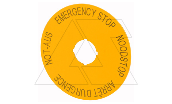 Шильдик M22-XAK3, желтый, круглой формы, с обозн. аварийного останова на 4 языках (de, en, nl, f), d=90mm