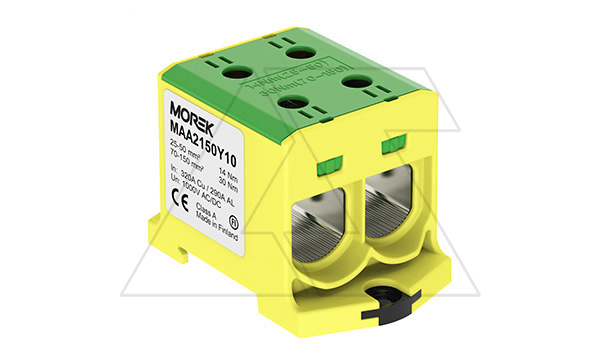 Клемма Morek OTL150-2 желто-зеленая, 2xAl/Cu 25_150mm², 320(CU)/290(AL)A на клемму, 1000V, винтовые зажимы Клемма Morek OTL150-2 желто-зеленая, 2xAl/Cu 25_150mm², 320(CU)/290(AL)A на клемму, 1000V, винтовые зажимы