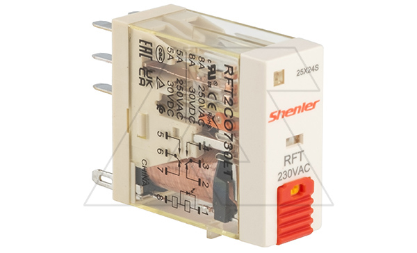 Реле RFT2CO730LT, 2CO, 8A(250VAC/30VDC), 230VAC, мех. индикация, тест-кнопка с блокировкой, LED Реле RFT2CO730LT, 2CO, 8A(250VAC/30VDC), 230VAC, мех. индикация, тест-кнопка с блокировкой, LED