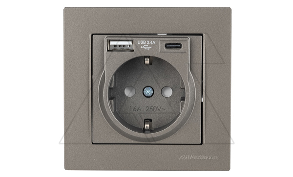 Rita - Розетка 2P+E, USB Type A, USB Type С, 2,4A (однопостовой монтаж в комплекте с рамкой), антрацит