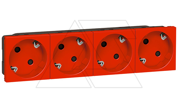 Mosaic - Розетка 4-х постовая, 4х2P+E, 8M, защ. шторки, пруж.зажимы, со смещением контактов 45°, красный
