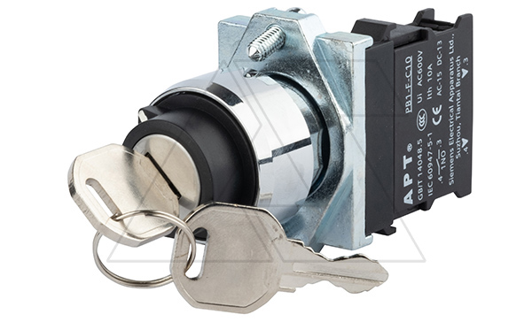 Переключатель PB1S, с ключом, 0-I, фиксация, ключ выним. в 0 и I, 1NO, 6A 230VAC/24VDC, 22mm, IP65