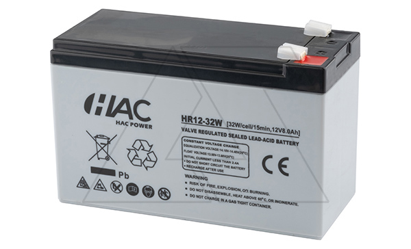Батарея аккумуляторная HAC HR12-32W, F2, 12V/8Ah, 151х65х94(100) ДхШхВ, 2.2 кг, 8 лет