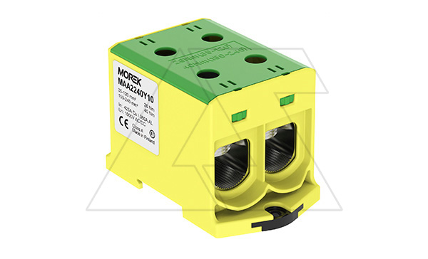 Клемма Morek OTL240-2 желто-зеленая, 2xAl/Cu 35_240mm², 425(CU)/380(AL)A на клемму, 1000V, винтовые зажимы Клемма Morek OTL240-2 желто-зеленая, 2xAl/Cu 35_240mm², 425(CU)/380(AL)A на клемму, 1000V, винтовые зажимы