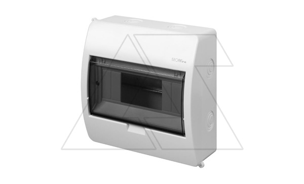 Щит навесной ELEGANT 1x8M, N/PE 2x 2x16+5x10mm2, дымчатая пласт. дверь, белый RAL9003, 195x195x98mm, IP40 Щит навесной ELEGANT 1x8M, N/PE 2x 2x16+5x10mm2, дымчатая пласт. дверь, белый RAL9003, 195x195x98mm, IP40