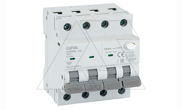 Дифф. авт. выключатель GYR9NM-C25-100mA, 3P+N, 25A, хар-ка C, 6 kA, 100mA, тип AC, 4M