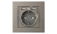 Rita - Розетка 2P+E, с 2xUSB Type A 2,4A (однопостовой монтаж в комплекте с рамкой), антрацит