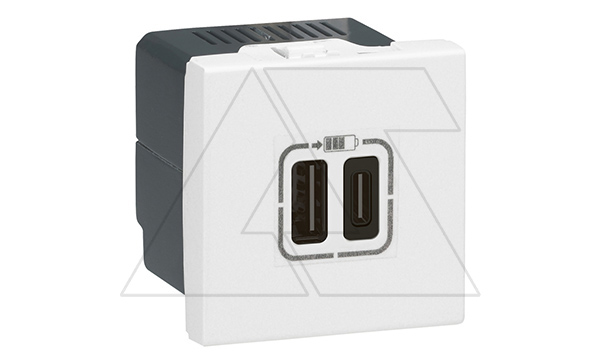 Mosaic - Розетка 2xUSB type С, 2М, 15V, 3000мA, винт. зажимы, белый