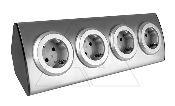 Блок розеточный угловой, 4x2P+E со шторками, безинструментальный монтаж, без кабеля, 3680вт, нержавеющая сталь