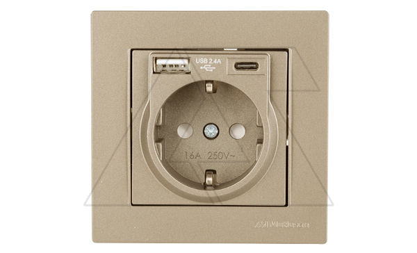 Rita - Розетка 2P+E, USB Type A, USB Type С, 2,4A (однопостовой монтаж в комплекте с рамкой), золото доре