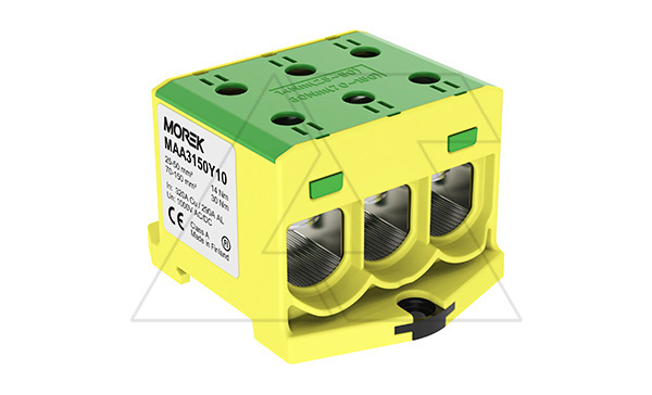 Клемма Morek OTL150-3 желто-зеленая, 3xAl/Cu 25_150mm², 320(CU)/290(AL)A на клемму, 1000V, винтовые зажимы Клемма Morek OTL150-3 желто-зеленая, 3xAl/Cu 25_150mm², 320(CU)/290(AL)A на клемму, 1000V, винтовые зажимы
