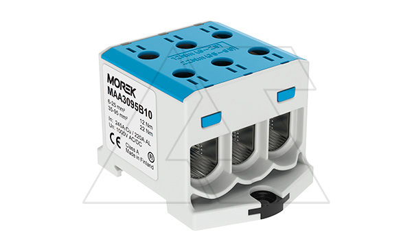 Клемма Morek OTL95-3 синяя, 3xAl/Cu 6_95mm², 245(CU)/220(AL)A на клемму, 1000V, винтовые зажимы Клемма Morek OTL95-3 синяя, 3xAl/Cu 6_95mm², 245(CU)/220(AL)A на клемму, 1000V, винтовые зажимы