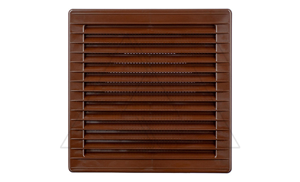 Решетка вентиляционная с косыми ламелями, с сеткой, квадратная, 172х172мм, с выводом 140x140мм, пластик, коричневый