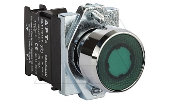 Кнопка плоская PB1S, зеленая, с фиксацией, с подсветкой без LED, 1NO, 6A 230VAC/24VDC, 22mm, IP65